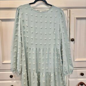 XL Mint Green Spring Textured Long Sleeve Dress